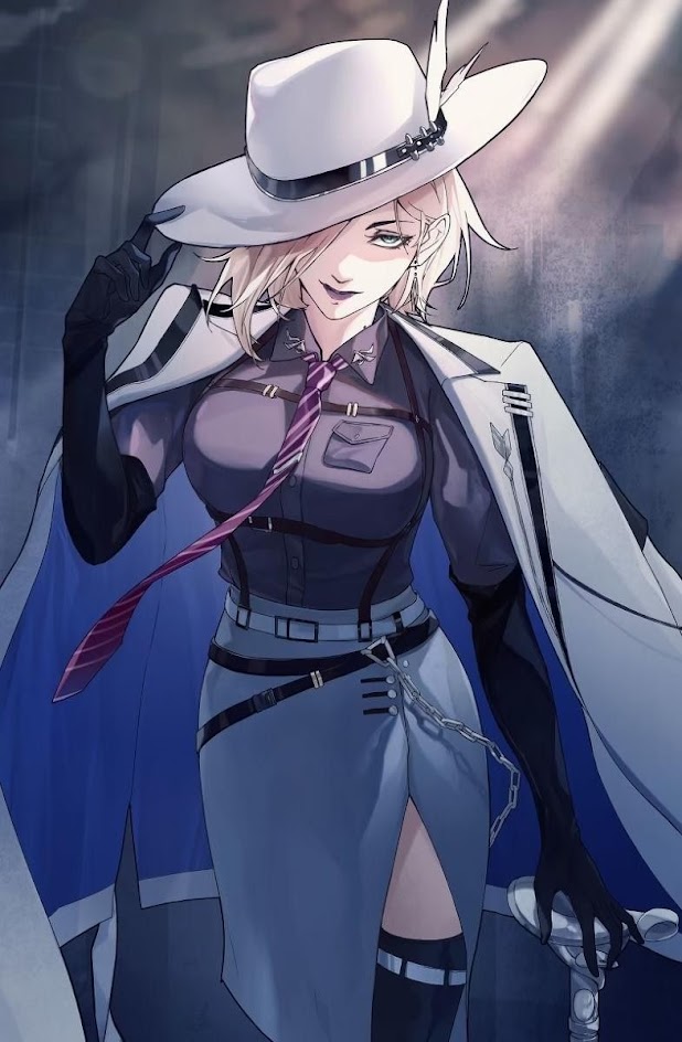 a woman in a white hat, white coat, black gloves and a red tie stands holding a weapon. she has blonde hair and is looking at the camera.
