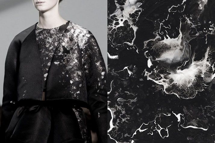 a woman is wearing a black jacket with a white splatter paint pattern. the background is an abstract black and white image of a similar splatter paint pattern. the image is in black and white and the woman is looking at the camera.  the look is edgy and contemporary.