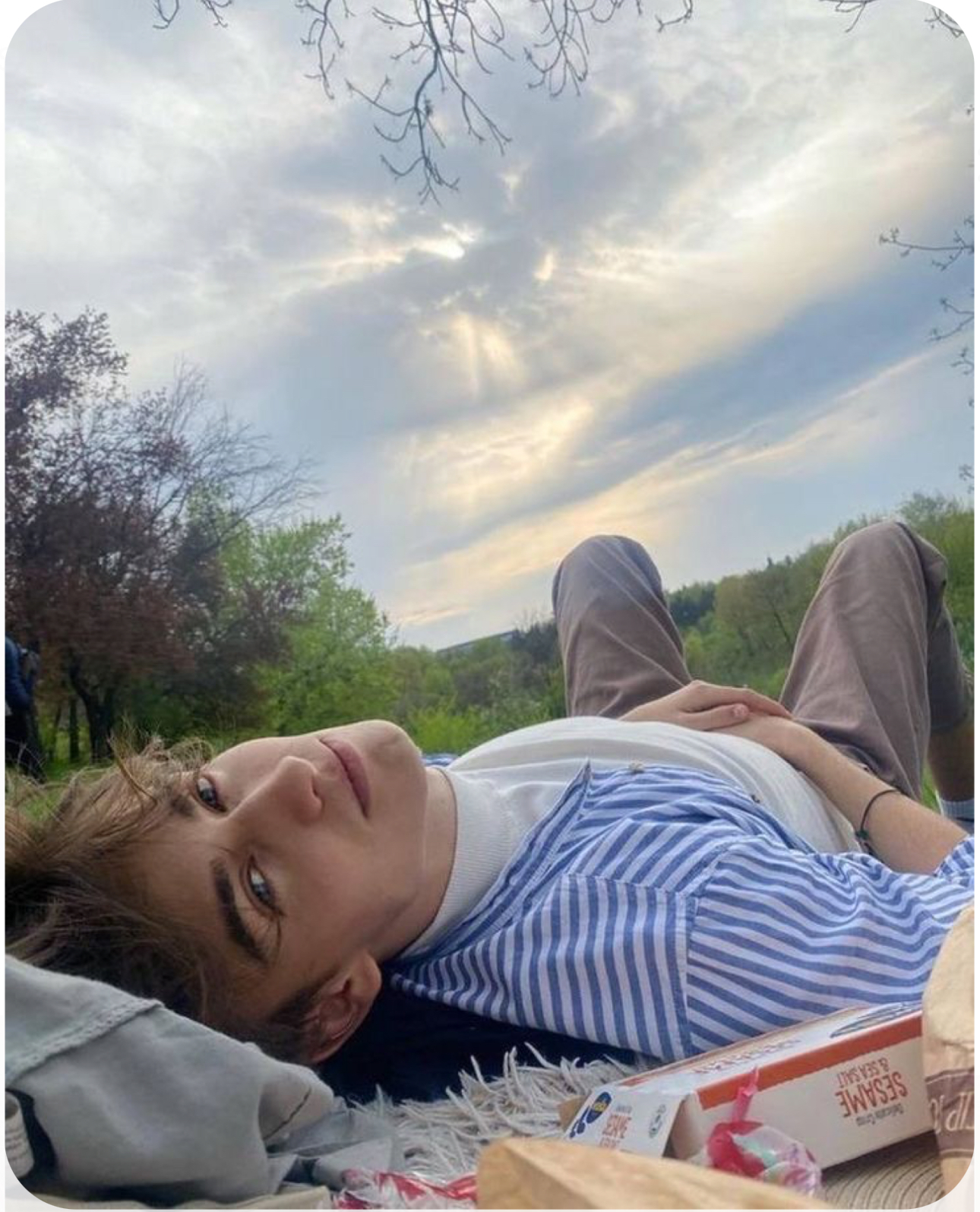 a young man lies on a blanket under a cloudy sky, gazing directly at the camera. he's dressed in a blue and white striped shirt with the collar slightly askew.  greenery and trees form the background, suggesting a park setting. the warm tones of the sunset peek through the clouds, casting a gentle light on the scene.  picnic items, including a box of sesame snaps, are scattered around him.