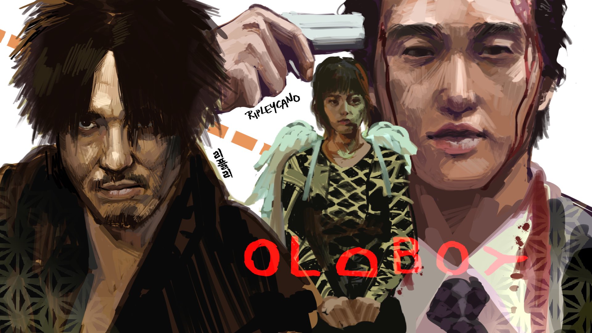 the image appears to be a stylized movie poster or fan art depicting a dramatic scene with three characters. two men, one with a gun to his head and another holding the gun, flank a central female figure with angel wings. the art style is gritty and painterly, employing a dark and muted color palette. the expressions of the characters convey fear, tension, and potential violence.  the word "oldboy" is prominently displayed, likely referencing the film of the same name.