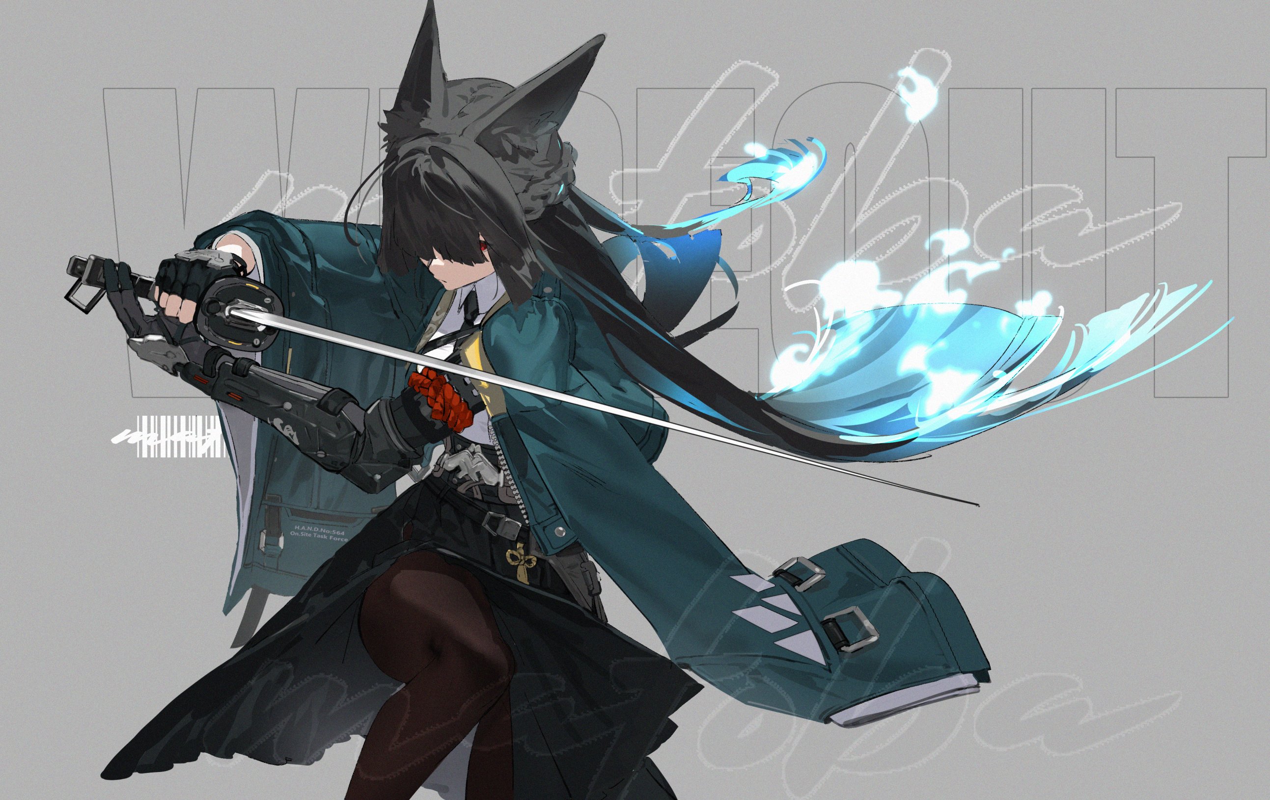 a stylized anime girl stands poised with a katana in hand. she has fox ears and long black hair that obscures her face. she wears a militarystyle jacket over a blouse and a dark skirt with dark tights. one of her arms is a mechanical prosthetic. behind her, glowing blue energy emanates from her sword. the background is grey and contains stylized text.