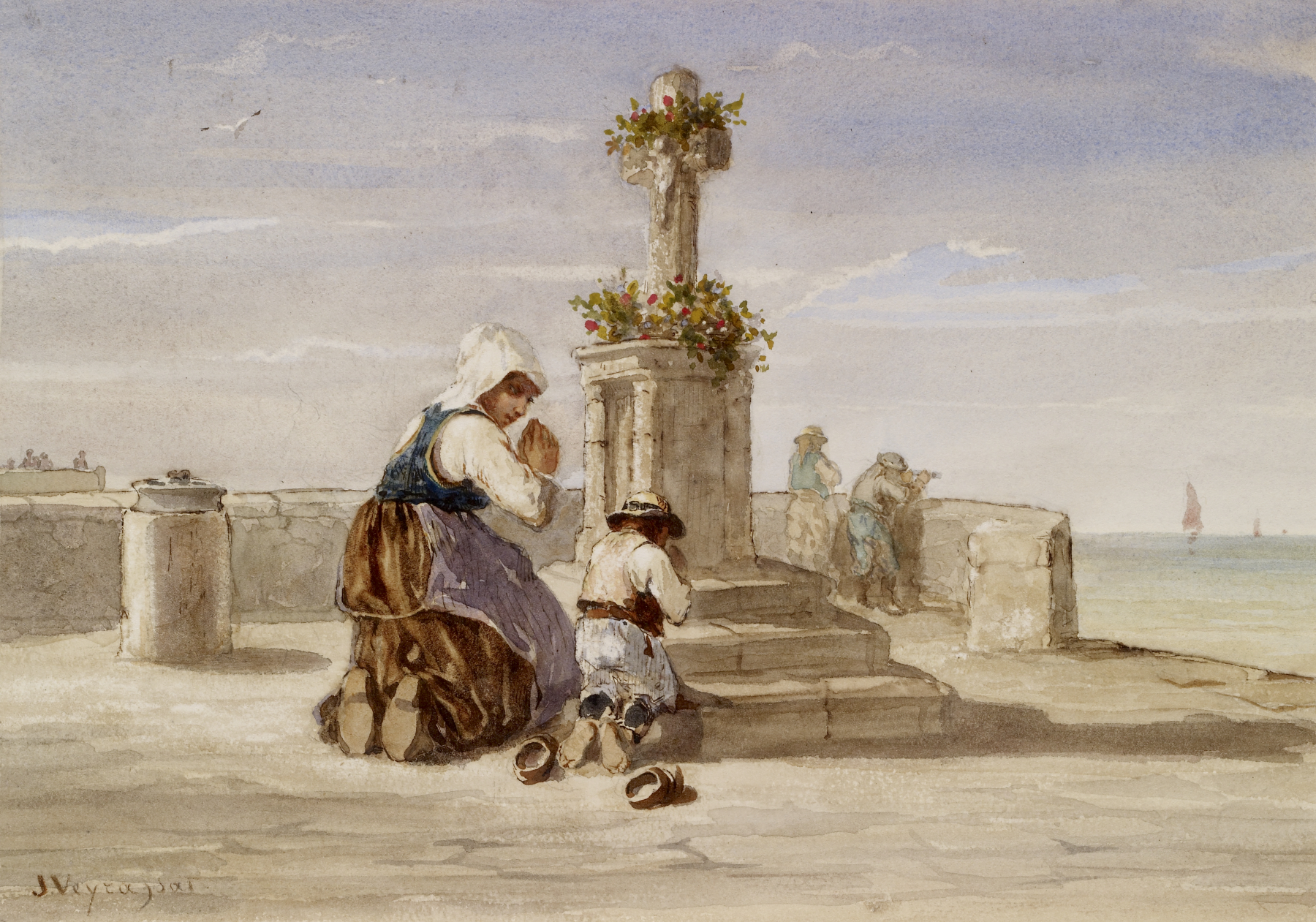 a watercolor painting depicts a religious scene near the sea. a woman and a child are kneeling in prayer before a stone cross adorned with flowers, set on a pedestal with steps. they are on a stone platform or walkway next to a wall. in the background, two men stand on the wall overlooking the sea, where several boats are visible. the sky is partly cloudy. the woman wears a traditional dress with a head covering, while the child wears a hat and simple clothing. their shoes are placed beside them. the overall scene suggests a moment of religious devotion in a coastal setting. the artist's signature is visible in the lowerleft corner.
