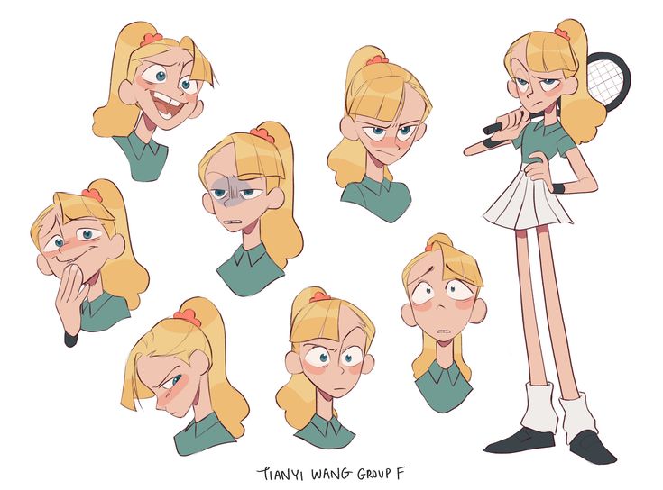 the image shows a cartoon character design of a blonde girl with different expressions. she is wearing a green shirt and a white skirt and is holding a tennis racket. the character is designed in an anime/manga style and has different expressions, including happy, sad, angry, surprised, and cute.