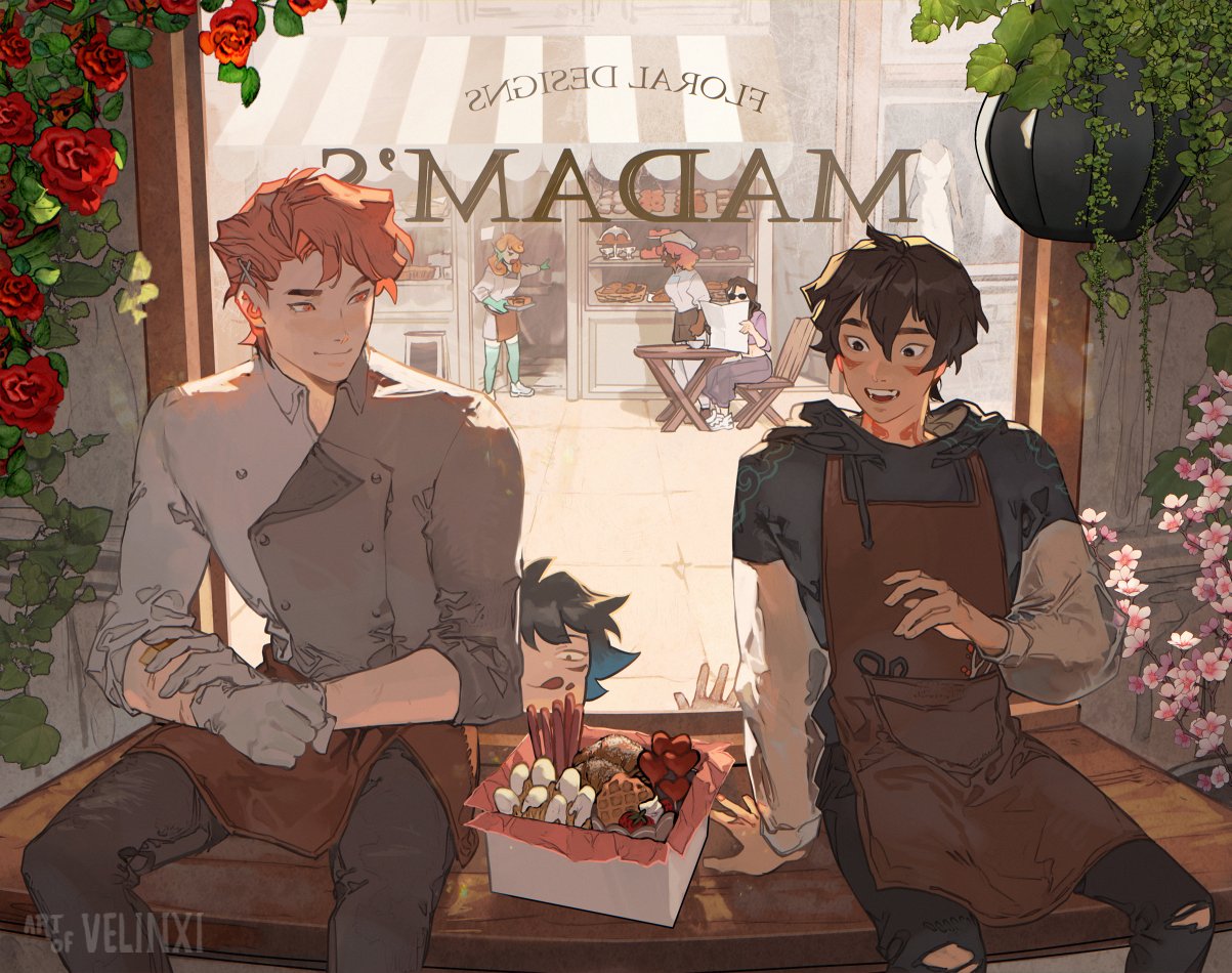 the image is a mangastyle artwork depicting two male figures sitting on a bench outside a shop window. the shop is called "madam's floral designs" and appears to sell baked goods and flowers. the figure on the left is wearing a chef's coat and apron, while the figure on the right is wearing a hoodie and apron. they are sitting next to a box filled with pastries and desserts. a third male figure is partially visible behind the box. the scene is decorated with red roses and pink cherry blossoms. there are people in the background of the shop.