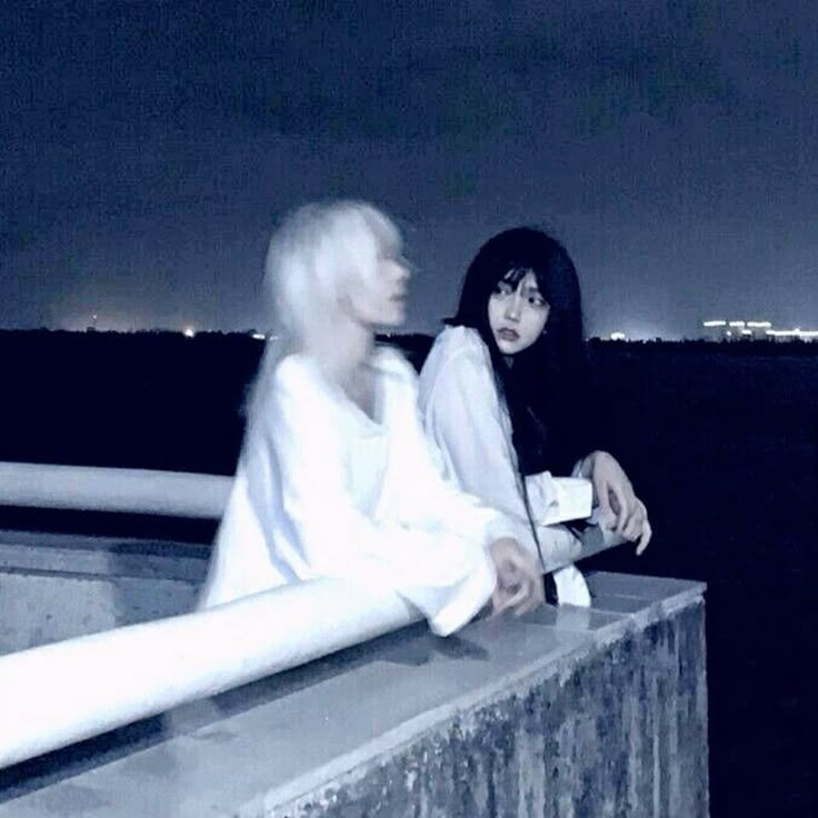 two asian women stand sidebyside at night, leaning against a railing. one woman has white hair and wears a white shirt, while the other has black hair with bangs and a white shirt. they are gazing into the distance. the background shows a dark sky, and distant lights can be seen on the horizon.