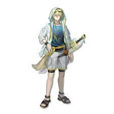 a fullbody animestyle illustration of a young male character with blond hair. he's wearing a light blue tshirt with a print, white shorts with black trim, and dark sandals. a light white jacket with a hood is draped over his shoulders. the character has a tail and is carrying a colorful water gun on his back. he is depicted against a white background.