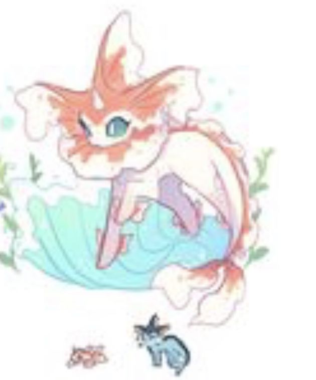 the image is a digital drawing or illustration of a whimsical, catlike creature with features of an axolotl and goldfish.  it has large, expressive eyes, pastel coloring, and a long, flowing tail. the creature is sitting on a stylized seashell, and there are smaller, similar creatures in the bottom portion of the image. the overall style is kawaii (cute) and fantasyinspired, with a soft, pastel color palette. the background is simple, allowing the main character to stand out.
