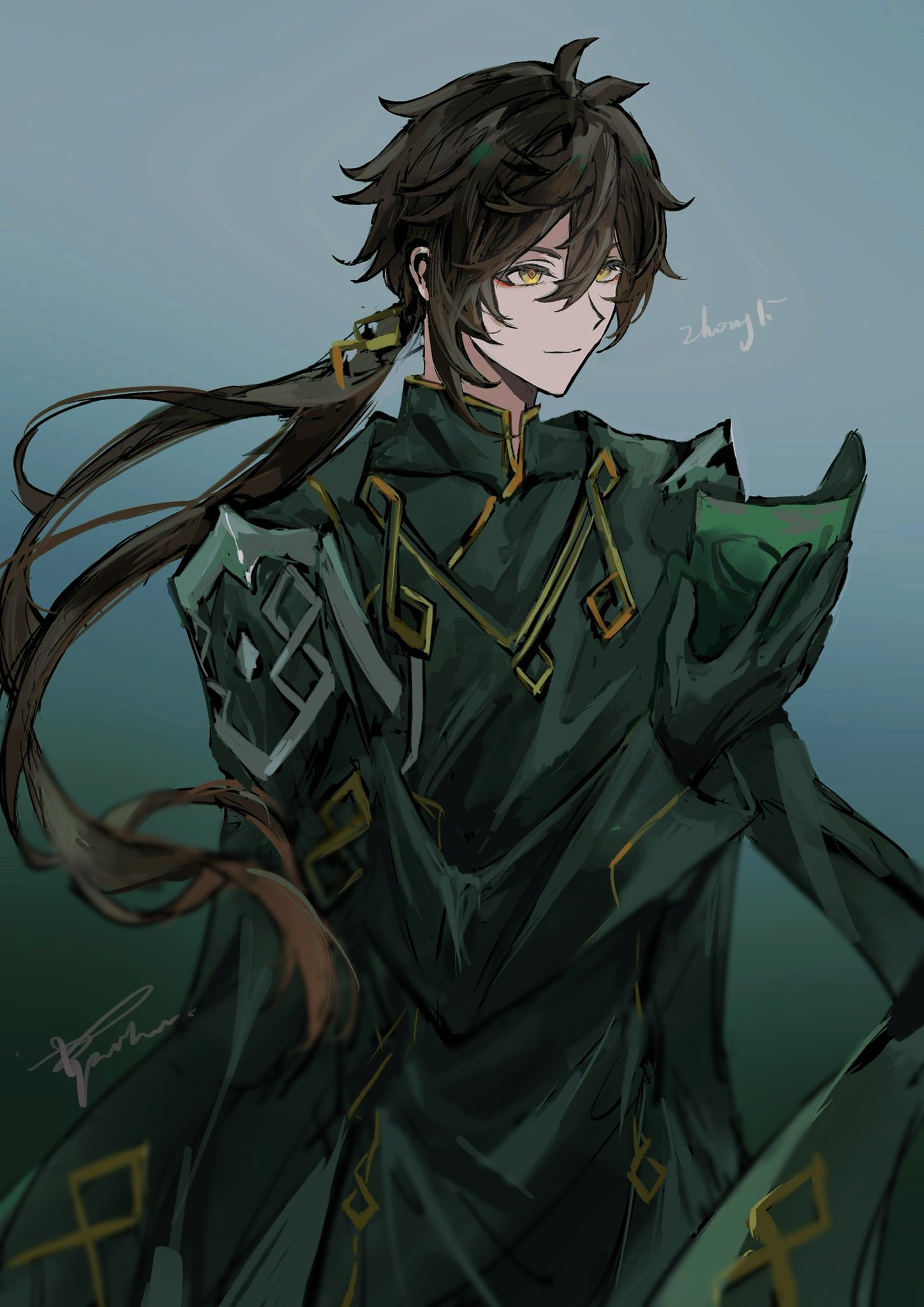 this is a digital art illustration of an anime male character, with long black hair that he's wearing tied up in a ponytail, he has dark green eyes, is wearing a long green coat with gold accents, black gloves, and is holding a green mask. the character has a mysterious and stylish look. the background is a blurry light green, and the character is welllit, highlighting his features.
