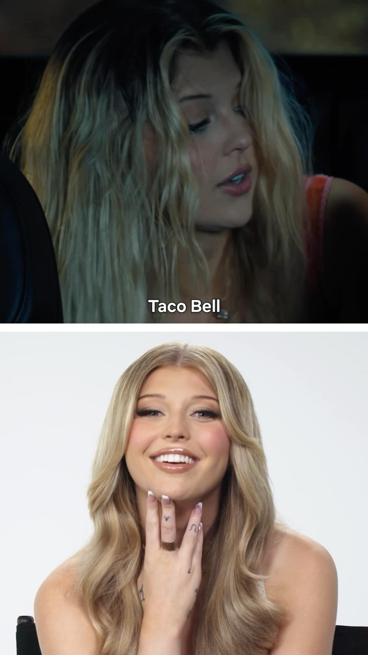 the image shows two different photos of singer tate mcrae. the top photo appears to be from a scene or video where she is saying "taco bell." the bottom photo seems to be from an interview setting, where she is smiling. both photos show her blonde hair and overall resemble her.