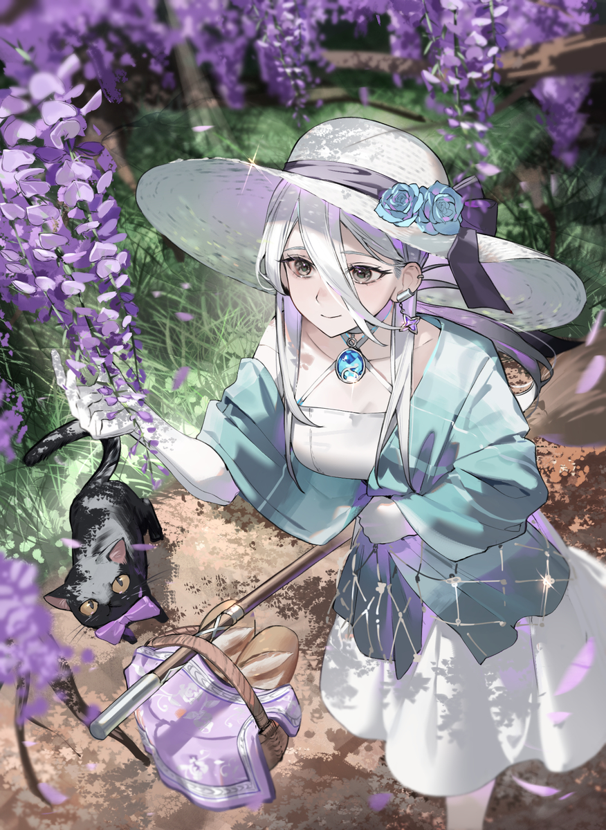 the image is an animestyle illustration of a young woman in a garden filled with wisteria. she is wearing a widebrimmed white hat decorated with blue roses and a ribbon, a white dress, a light blue shawl, and white gloves. she has long white hair, fair skin, and lightcolored eyes. she is wearing earrings and a necklace with a blue gem. her hand is outstretched towards the wisteria flowers. beside her is a black cat with a purple bow tie. a picnic basket containing bread sits on the ground near her. the image has a soft, dreamy quality, with dappled sunlight filtering through the wisteria blossoms.