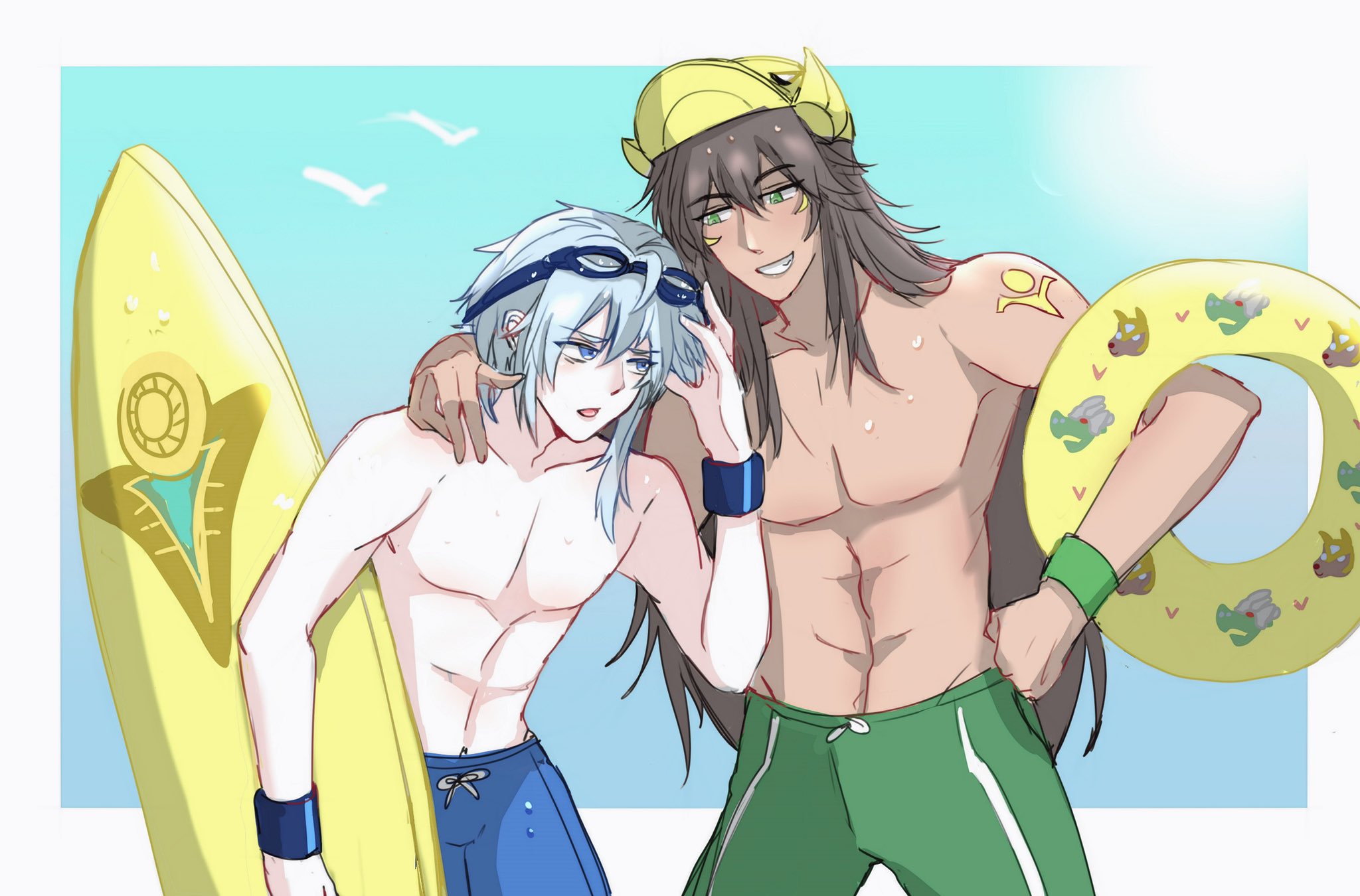 two anime men, one holding a surfboard and the other holding a pool float. they are both smiling and appear to be enjoying their time at the beach.