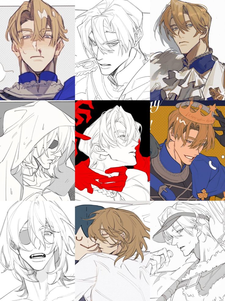 the image is a collage composed of several illustrations of various male anime/manga characters. each illustration showcases a different character, some colored and some in grayscale or line art. the characters vary in hair color (blond, brown, white), hairstyles, attire (ranging from royallooking to more casual wear), and expressions (some are serious, others are smiling or showing injury).  the style of the artwork is consistent throughout, displaying a soft, slightly sketchy aesthetic.  some images appear to be character studies, others might depict scenes or moments from a narrative.  there's a variety of angles and poses, showing both front and side profiles.  the overall mood is a mix of serene and dramatic depending on the character and pose.