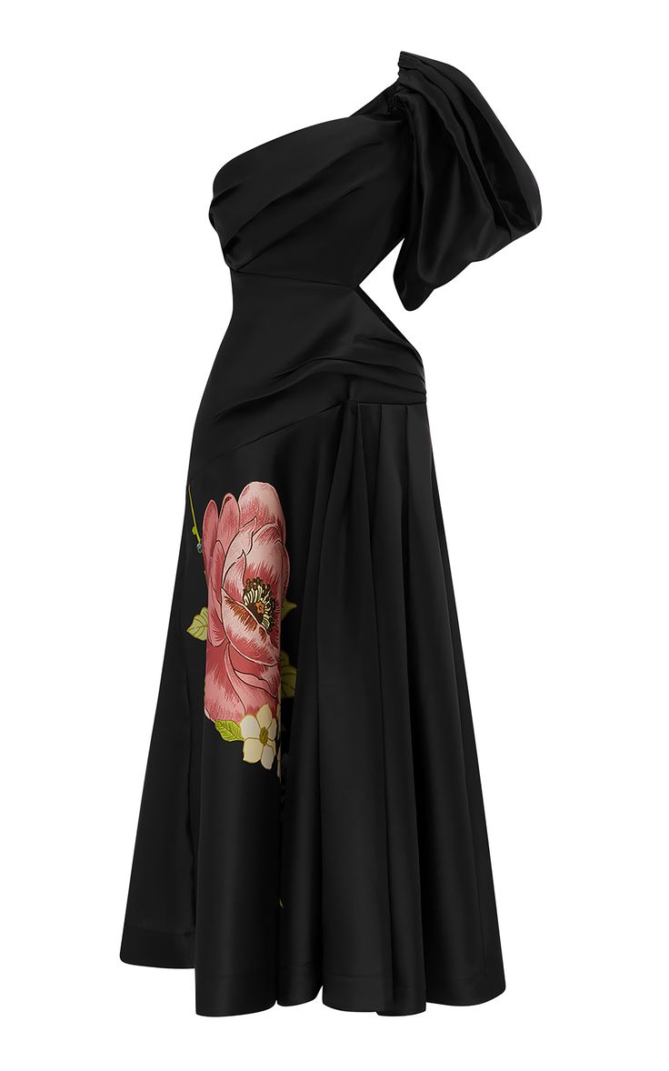a black oneshoulder dress with a floral print. the dress has a fitted bodice and a flowing skirt. the dress is made of a luxurious silk satin fabric.