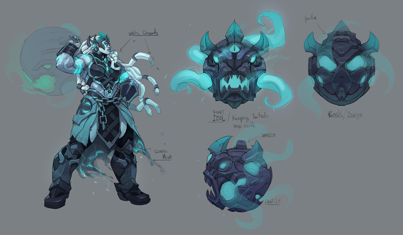 the image features a female fantasy warrior character with a glowing blue and green aura. she is holding a weapon that is shaped like a creature's head with glowing tentacles. there are also concept sketches of the weapon from different angles, showing its details. the image is drawn in a digital style with a sketchlike feel. the overall tone of the image is mystical and ethereal.