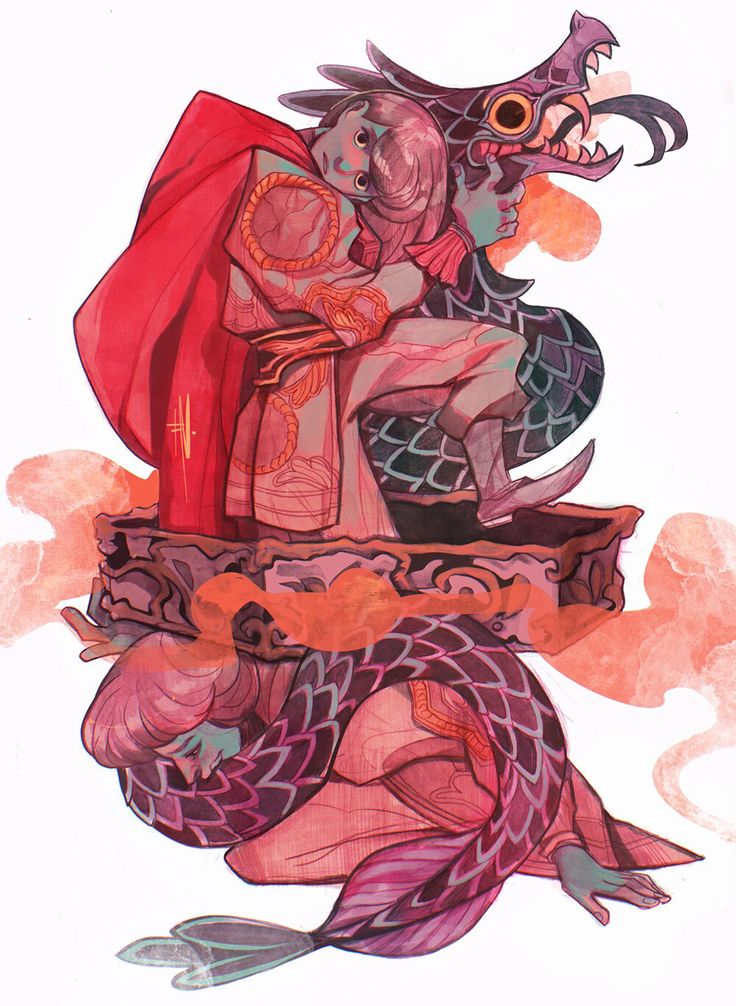 this digital painting showcases a vibrant and emotional scene.  a child, cloaked in red, is held by a serpentine dragonlike creature, perched atop a richly decorated box or altar. below, a mermaidlike figure with a scaled tail lies prostrate, possibly signifying grief or mourning. the style blends elements of asian art with fantastical creatures and a dramatic color palette. the overall mood is melancholic and suggestive of a significant event, possibly a ritual or funeral. the detailed clothing and the intricate scales on the mythical creatures highlight the artist's skill. the use of watercolorlike textures adds to the ethereal and dreamlike quality of the piece.
