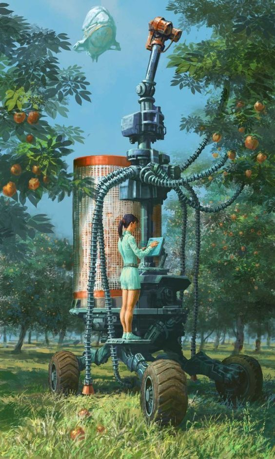 a woman in a futuristic orchard monitors a mechanical harvesting machine. the machine is tall and equipped with a large container, robotic arms, and various sensors. it stands among rows of fruit trees laden with ripe produce.  a futuristic, blimplike spaceship hovers in the distance, adding to the technologically advanced setting. the scene is bathed in bright sunlight, suggesting a thriving and efficient future for agriculture.