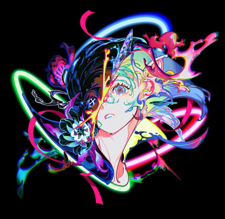 the image is a vibrant and abstract portrait of a woman, created in an anime style. the artwork features a black background that accentuates the colorful and neon elements of the design. the woman's face is divided in half, each side rendered in contrasting styles and colors. one side is darker with floral and organic shapes in blues and purples, while the other side is brighter with lighter colors and more fluid, intricate details. neon lines and shapes of various colors (pink, green, blue) frame the woman's face and add to the dynamic, artistic feel of the image.