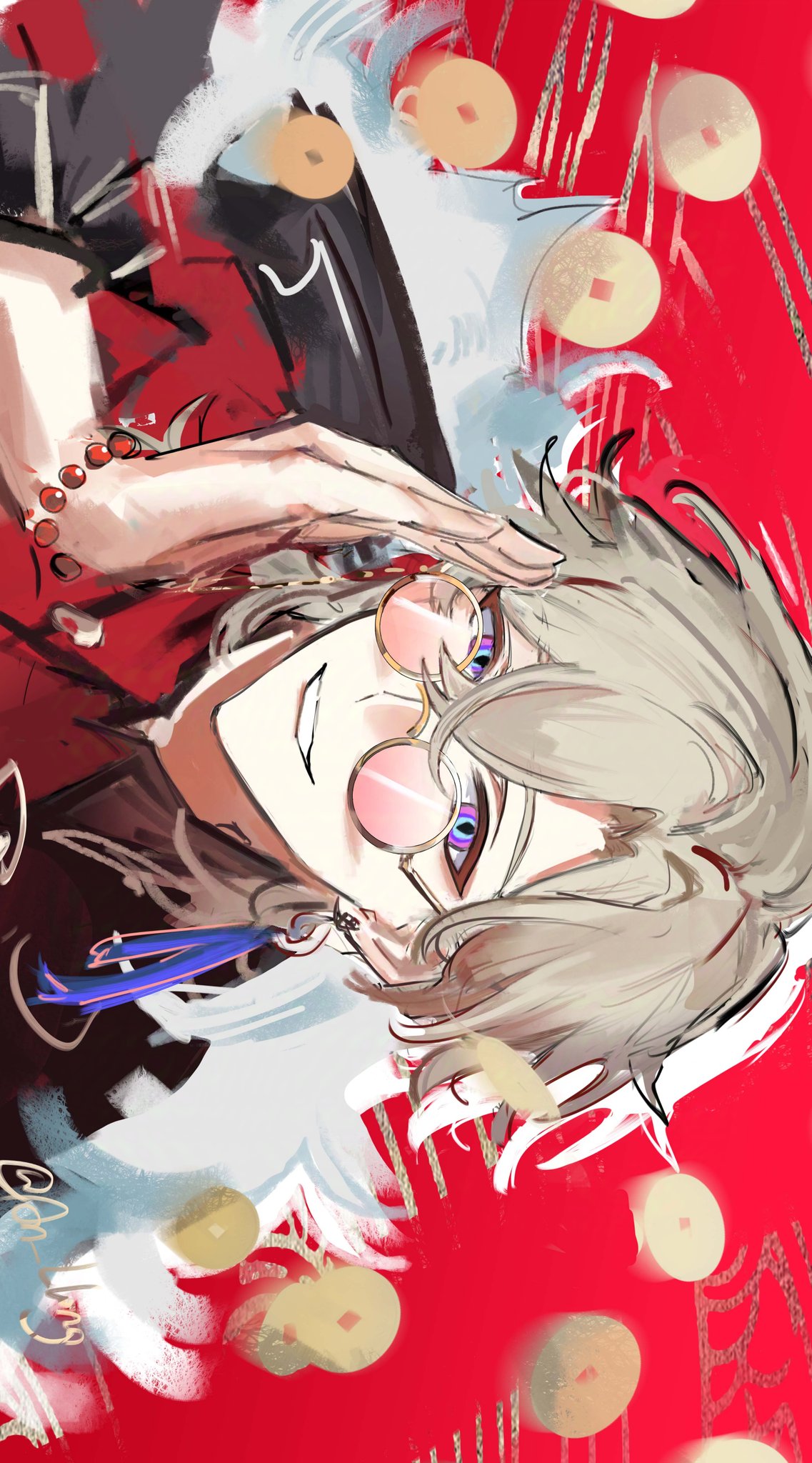 an animestyle illustration shows a male character with light gray hair, round glasses, and purple eyes. he is smiling and looking directly at the viewer, with a hand near his forehead. he is wearing a black shirt or jacket with some red jewelry on his wrist. the background is red with scattered gold coins, giving the impression of wealth or good fortune. there are some white, cloudlike elements adding to the whimsical feel of the image.