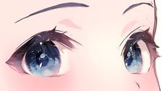 the image is a closeup illustration of a pair of female animestyle eyes. they are large and expressive, with blue irises that contain white starlike details. the overall aesthetic is soft and dreamy, with a focus on capturing the delicate beauty of the eyes.