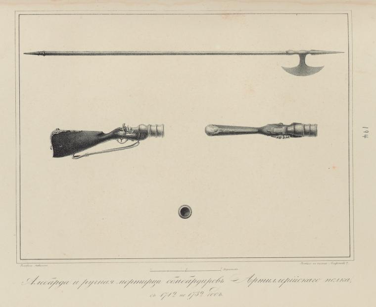 this is an illustration of various weapons. there is a long halberd or lance at the top. below that are a rifle and a component of the rifle. at the bottom is a single bullet or ball.