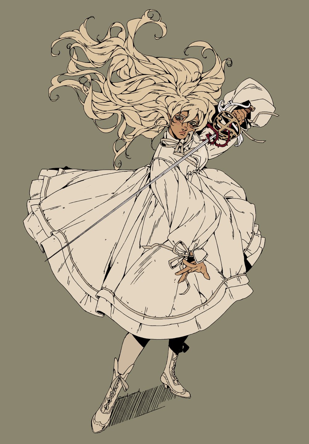 the illustration features a woman with long flowing blonde hair wearing a white dress and holding a sword. she is wearing a mask that is covering her face with the exception of her eyes. she is standing with one leg extended and one leg slightly bent. she is looking at the viewer with a serious expression. her dress has a large skirt with ruffles.