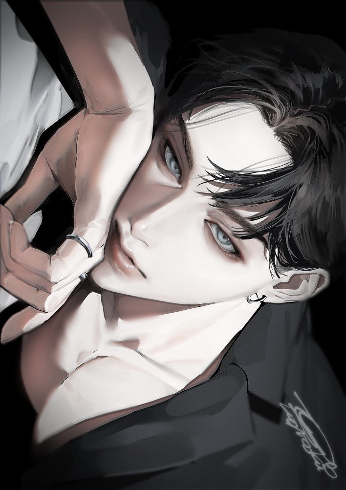 the image is a digital painting or illustration of a young, handsome animestyle male. he has pale skin, dark hair, and striking light blue eyes. his pose is languid and suggestive, his head tilted back, with one arm draped across his face and the other resting on his chest. he's wearing a darkcolored collared shirt. the art style is highly detailed and realistic, with a focus on soft shading and rendering of the skin and hair. the overall mood is mysterious and somewhat sensual. the artist's signature is subtly visible in the lower right corner. the background is mostly black, helping to focus attention on the subject.