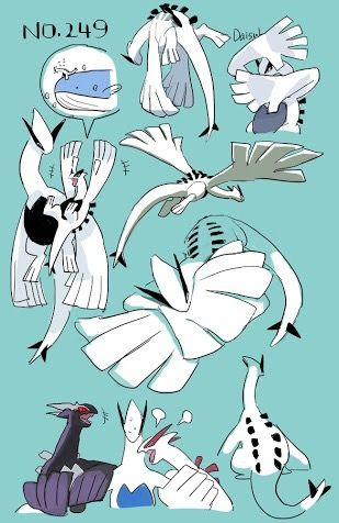 this is a fan art illustration featuring lugia, a pokemon with number 249, in various poses. in the top left corner, there is a thought bubble with a whale inside. in the bottom left, another pokemon, hooh, is looking up at lugia. the background is a light teal color.