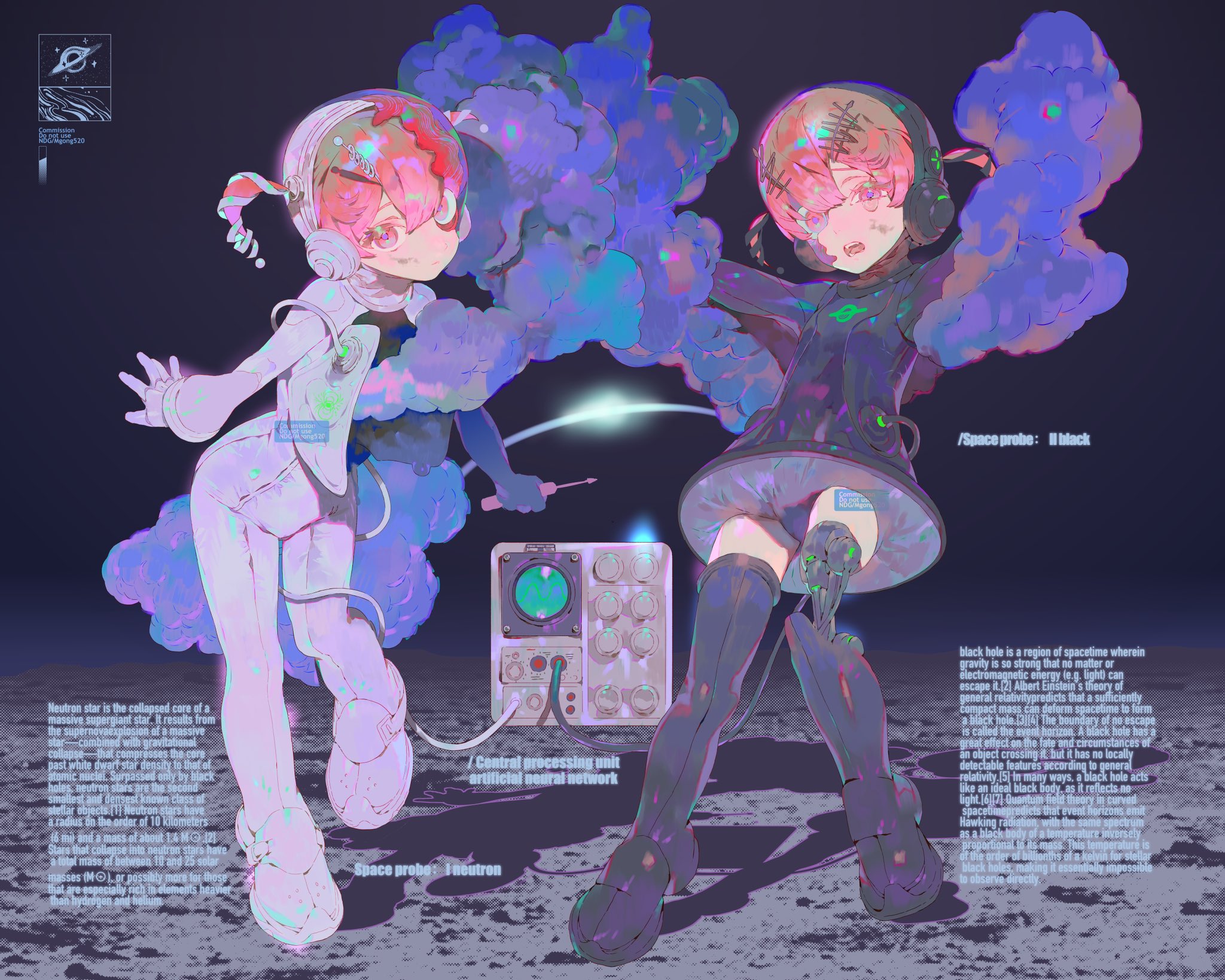 the image depicts two animestyle girls standing on a lunar surface next to a "control processing unit/ artificial neural network". the girls appear to be space probes: "space probe: i neutron" in white, and "space probe: ii black" in black. they are connected by a beam of light. their hair is styled to look like nebula. text boxes provide information about neutron stars and black holes.