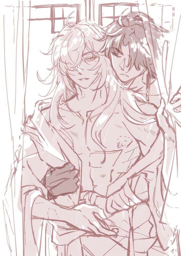 a hand drawn sketch of a couple embracing. the man is shirtless and has short hair, while the woman has long hair and is wearing a shirt. they are standing near a window with a white curtain. the image is drawn in a simple style with light gray and white lines. the characters are in a soft embrace and appear to be very happy. the