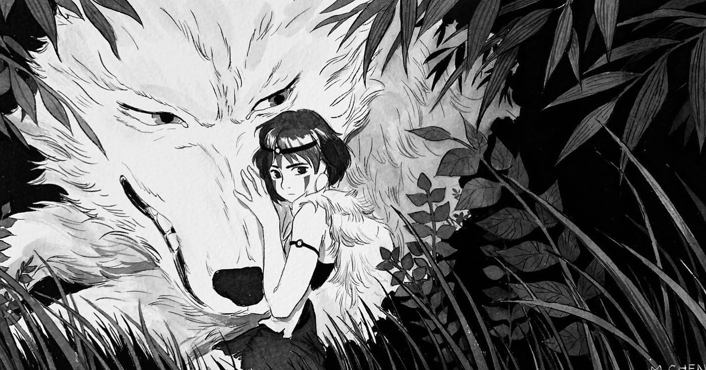 an illustration of san (princess mononoke) with a wolf, set in a forest. the artwork is in black and white, with attention to detail in the characters and surroundings.