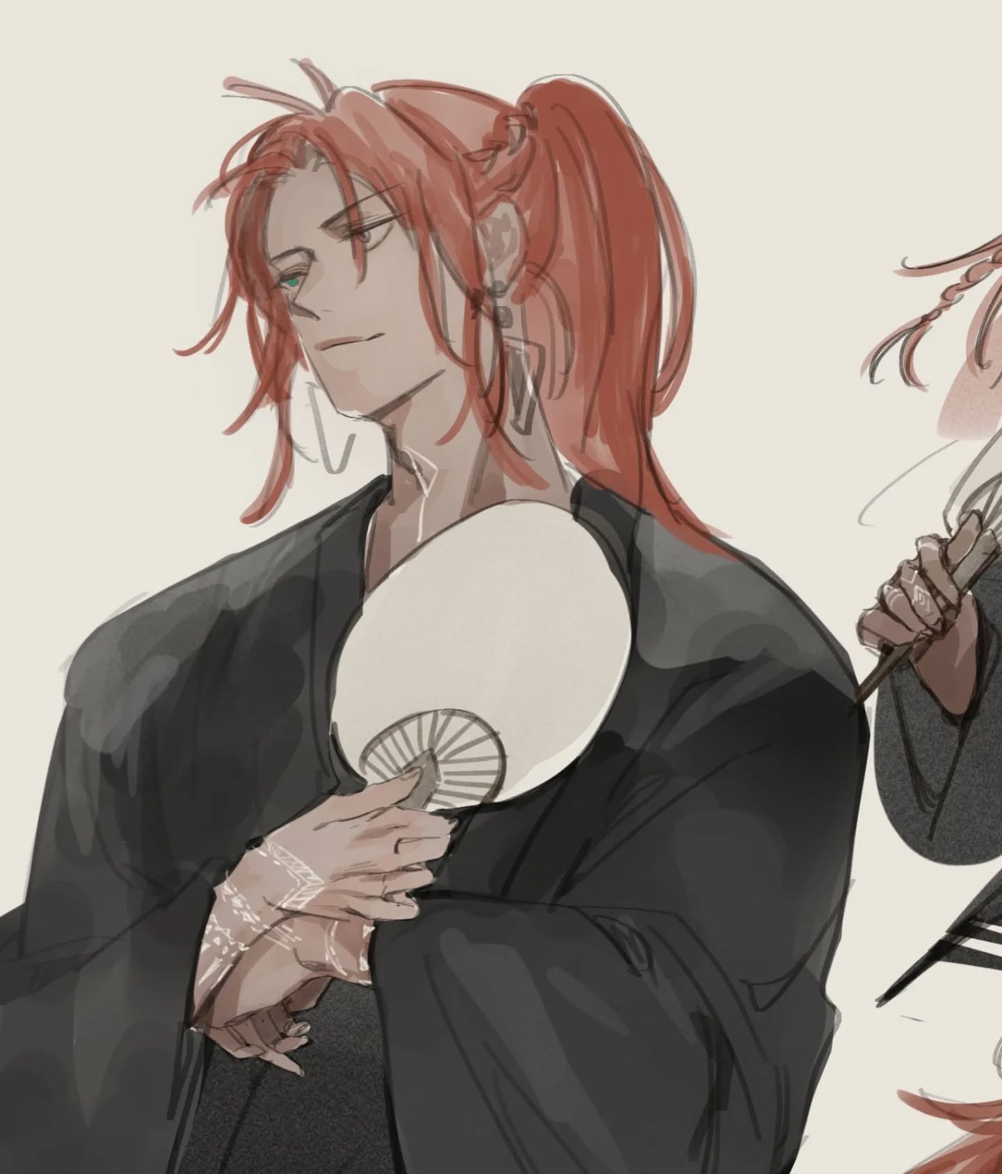 the image is a digital painting or illustration in an anime/manga style. the focus is on a male character with long, reddishorange hair tied up in a high ponytail. he's wearing a darkcolored, asianinspired outfit resembling a kimono or haori.  he holds a partially visible hand fan. his expression is serious and somewhat stoic. the style is quite soft and painterly with muted colors and a subtle use of shading. in the background, a portion of another character with similar features and style is visible, suggesting a possible pairing or scene. the overall mood is elegant and somewhat mysterious.