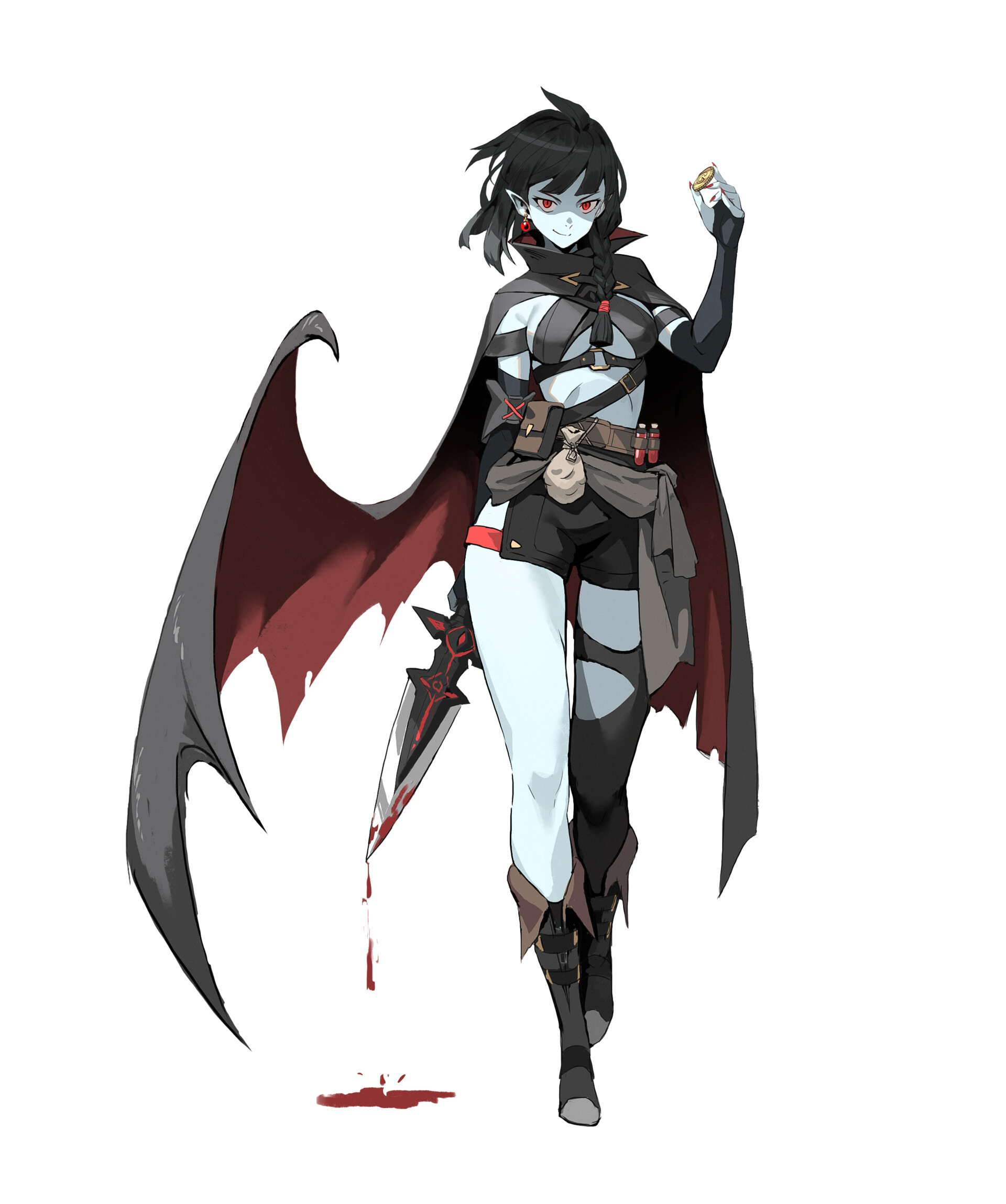 a fullbody digital illustration depicts a paleskinned, darkhaired female vampire with red eyes. she wears a black and gray outfit consisting of a cape, shorts, a top, and boots. the cape has red interior lining, and large batlike wings extend from her back. she holds a coin in her right hand, while her left hand holds a knife with blood dripping from its blade. potion bottles and pouches are attached to her belt. blood is also splattered on the ground.