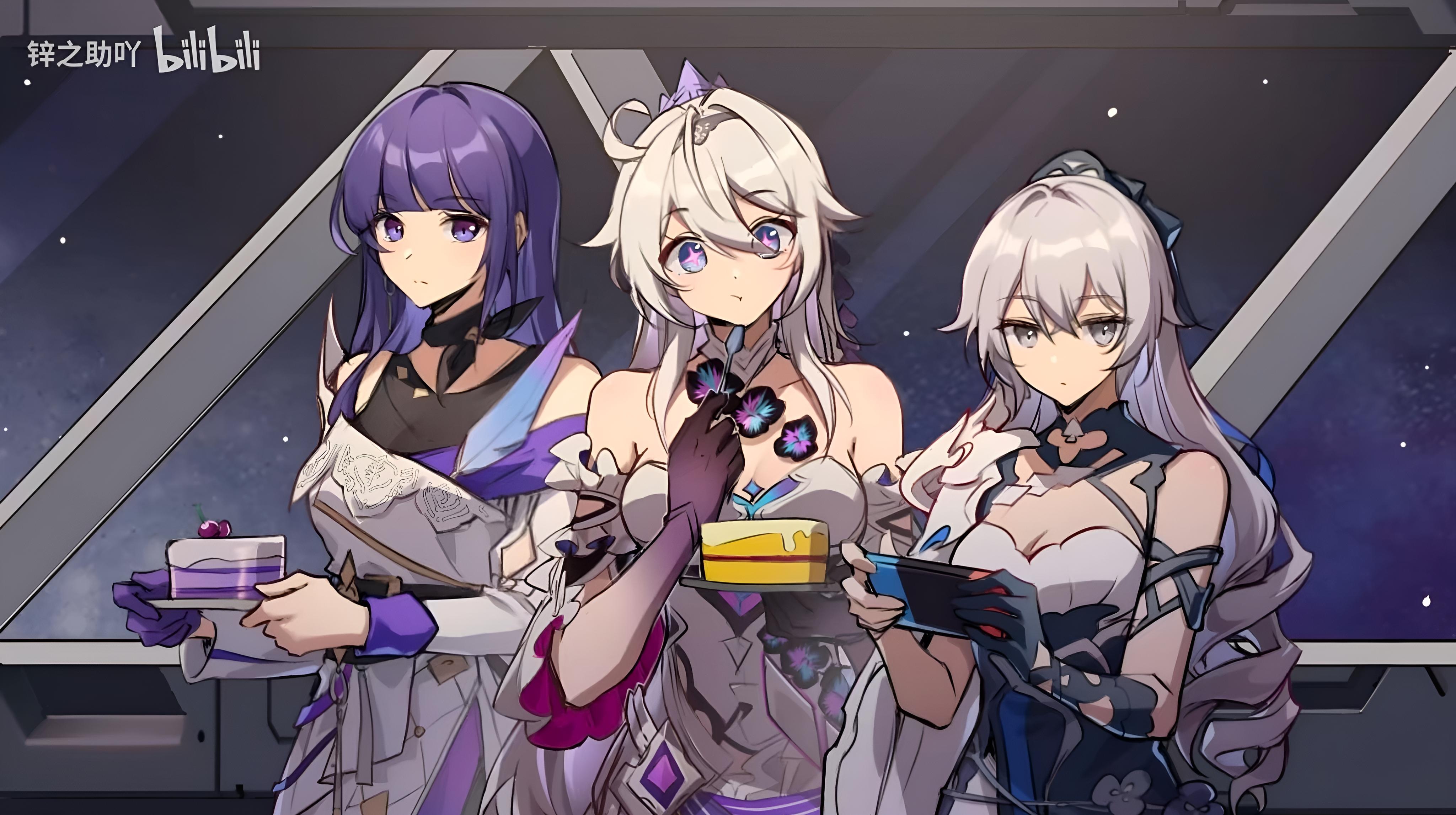 three anime girls are dressed in beautiful outfits and enjoying a birthday celebration with cake and other treats. they are posing for a picture in front of a futuristic spaceship window, showcasing a vast space background filled with stars and galaxies. the girls are smiling and laughing, creating a sense of camaraderie and friendship. the scene captures the joy and excitement of a special moment shared with friends.