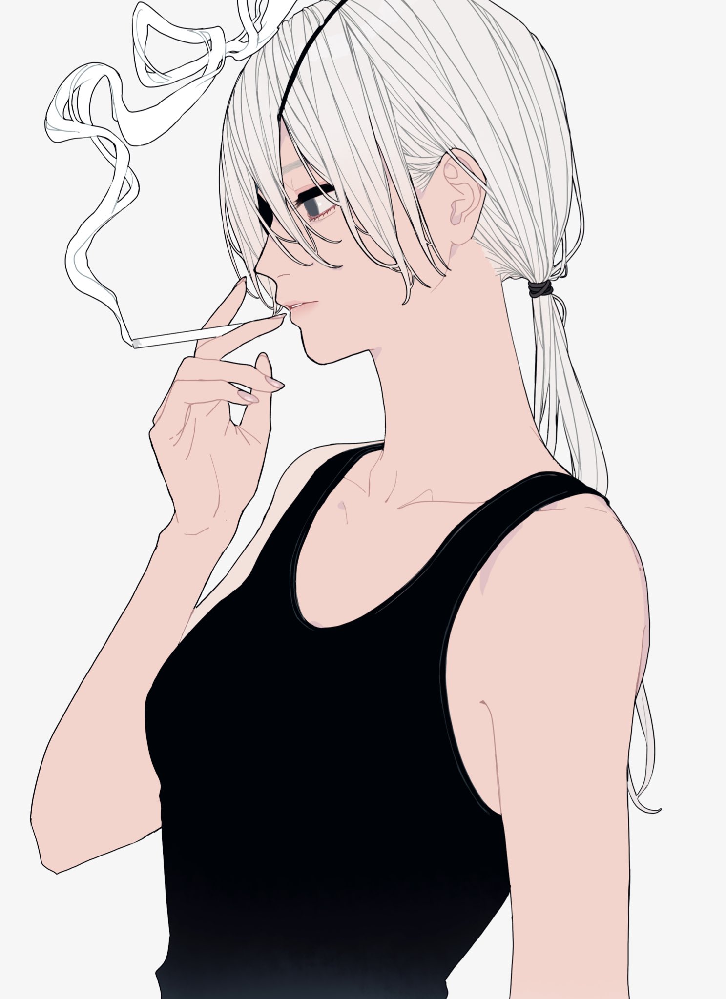 an anime style image of a woman with white hair and an eye patch, wearing a black tank top, smoking a cigarette in profile view.