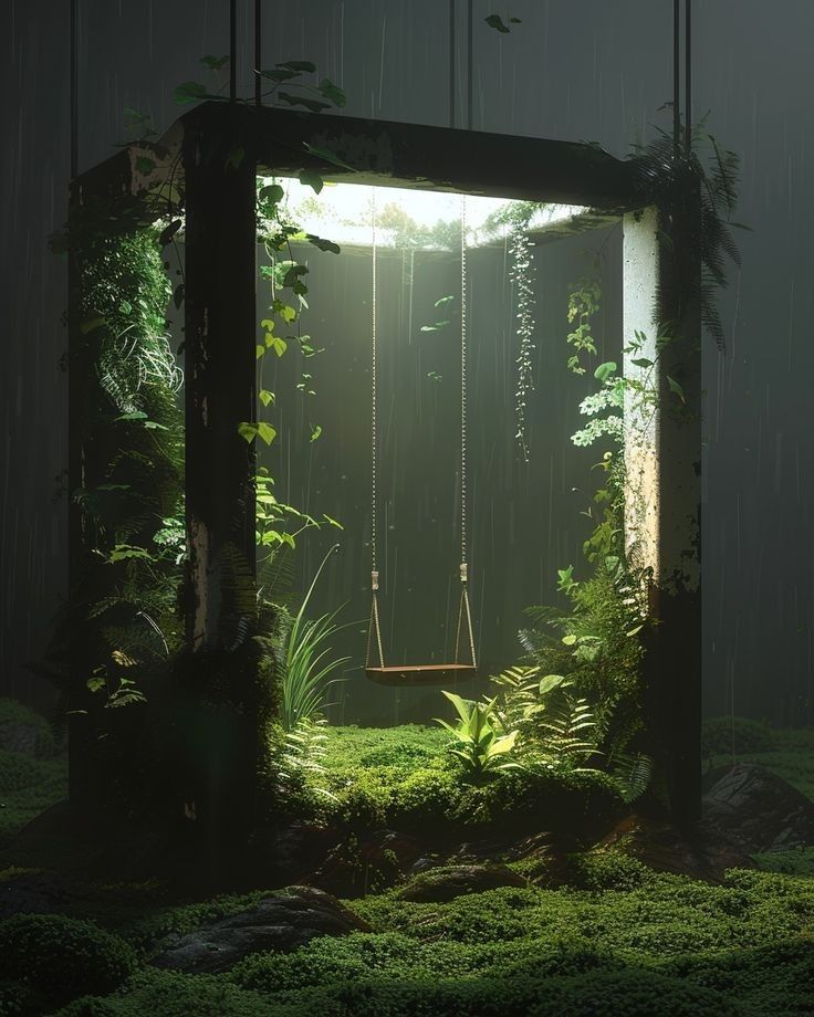 a swing hangs in a dark, lush, and mysterious forest, enclosed by a frame made of overgrown trees. the junglelike setting is bathed in a soft light filtering through the canopy. the ground is covered in moss and lush greenery. the swing appears abandoned, adding to the haunting and tranquil atmosphere of the scene.