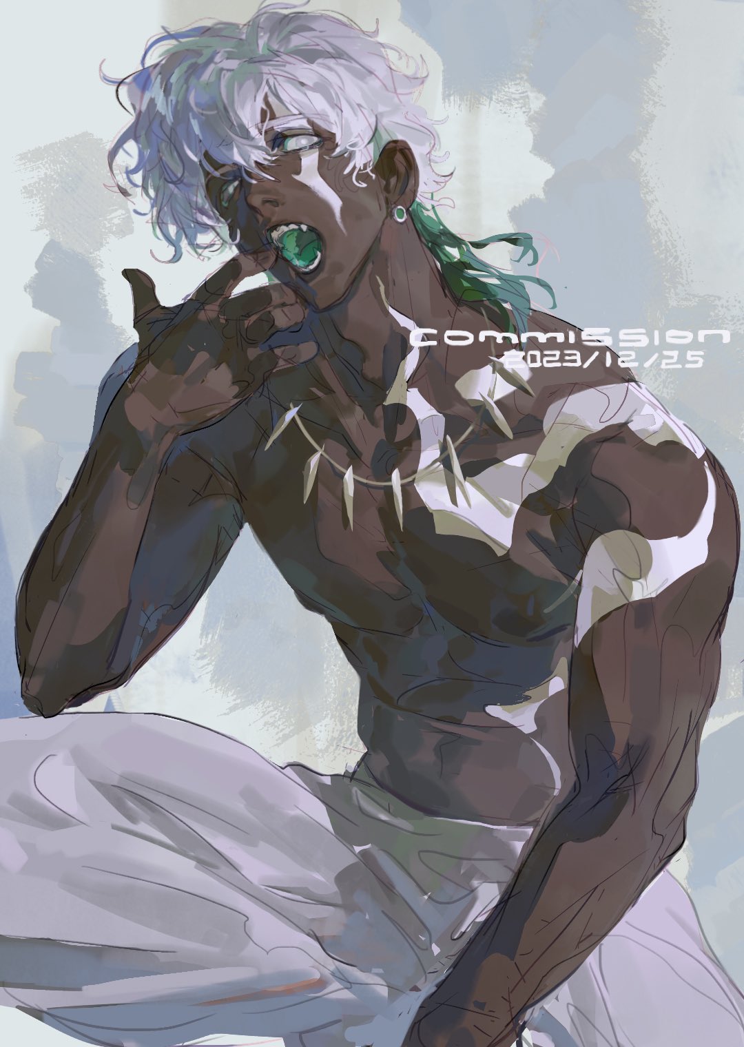 a digital illustration of a man with white hair, black skin, and green eyes. he has a fierce expression on his face, with his mouth open and his teeth showing. he is wearing a necklace and white pants. he is very muscular and powerful. the background is a soft blue color. this is a commissioned piece by an artist.