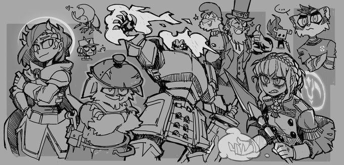 this is a black and white digital sketch or illustration of a group of stylized characters. there is one large robot or mech in the center with flames coming off its hand. the rest of the characters appear to be some sort of fantasy creatures or adventurers. there is a young woman with horns and armor, a small creature wearing an oversized train conductor hat and cooking in a cauldron, and a catlike creature wearing a backwards baseball cap and band tshirt. there are a few more less visible creatures in the background.