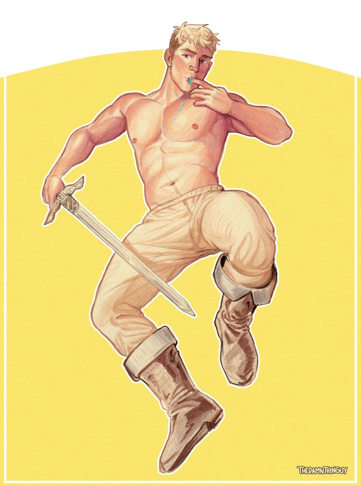 a drawing of a handsome, shirtless, blond man wearing pants and boots, holding a sword.  he's smiling and looking down at the camera.  the background is a solid yellow.