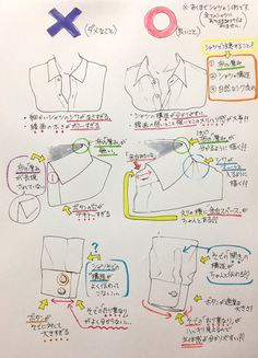 the image shows handdrawn instructions in japanese on how to properly fold a dress shirt. the instructions highlight common mistakes and the correct technique, using diagrams and arrows to guide the viewer. it emphasizes achieving a neat and compact fold for easier storage.