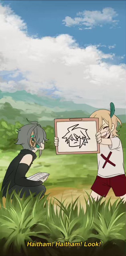 the image shows two anime boys standing in a green field. the boy on the left is wearing a black jacket and black pants and is looking to his left at the other boy. the boy on the right is wearing a white shirt and red shorts. he is holding up a piece of paper with a drawing of another anime character.  the background of the image is a blue sky with white clouds.  the image is drawn in a cartoon style.
