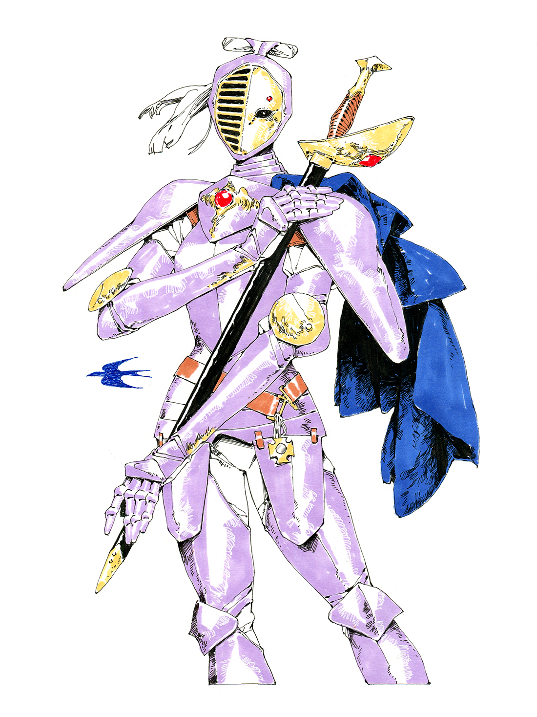 a fullbody illustration of a slender female knight in stylized, ornate, lavendertinted armor.  she holds a thin sword with a golden guard and pommel over her shoulder, its point downwards.  the knight wears a blue cape and her helmet is reminiscent of a stylized kendo mask.  the background is pure white.