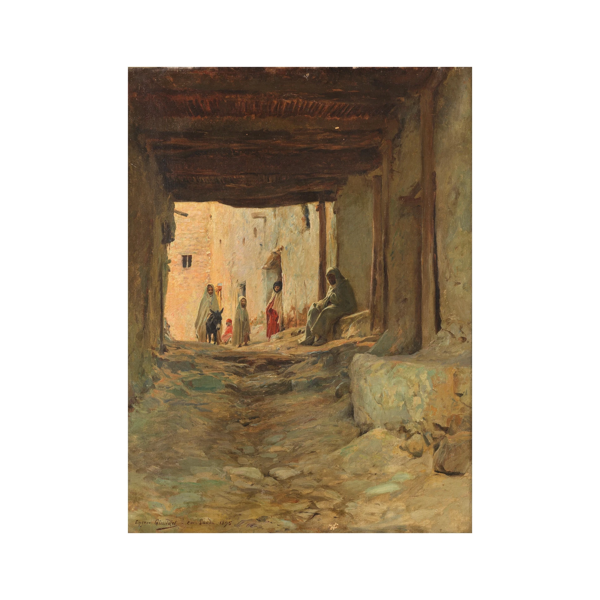 an oil painting depicts an alleyway in what appears to be a middle eastern or north african locale. the scene is rendered with warm, earthy tones and detailed brushwork. a covered section at the top of the image is supported by aged wooden beams and stone structures. a group of people, including a figure on a donkey, stands in the brightly lit distance, suggesting an opening into a sunlit area. to the right, a woman sits on a stone structure, casting a shadow. the ground is uneven and rocky, and the buildings' walls are textured and worn, suggesting age and history.