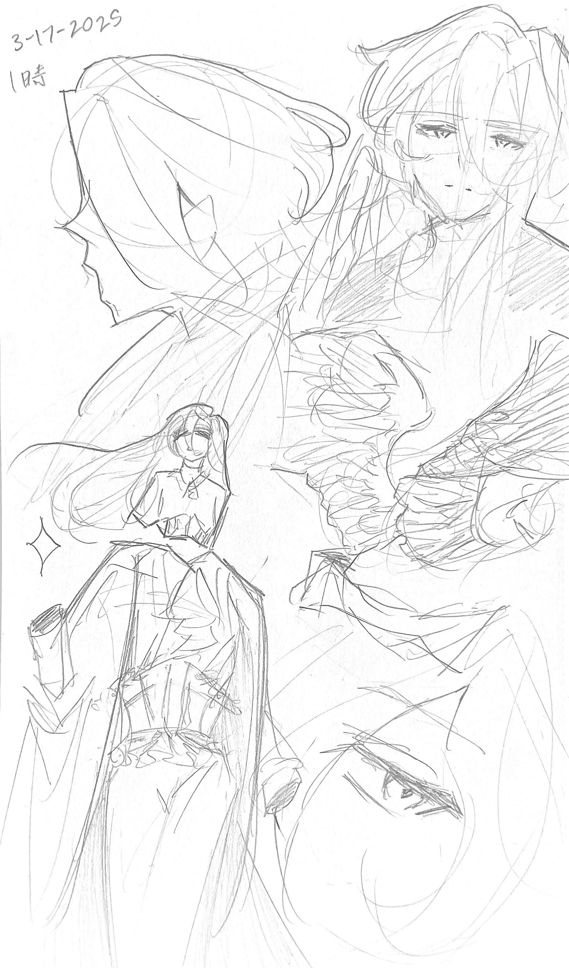 the image shows a pencil sketch of a female character in multiple poses. there's a full body view of the character in a casual dress with long hair, a face profile view, and a closeup of her eye. the sketch includes the date "3172025" and some text.