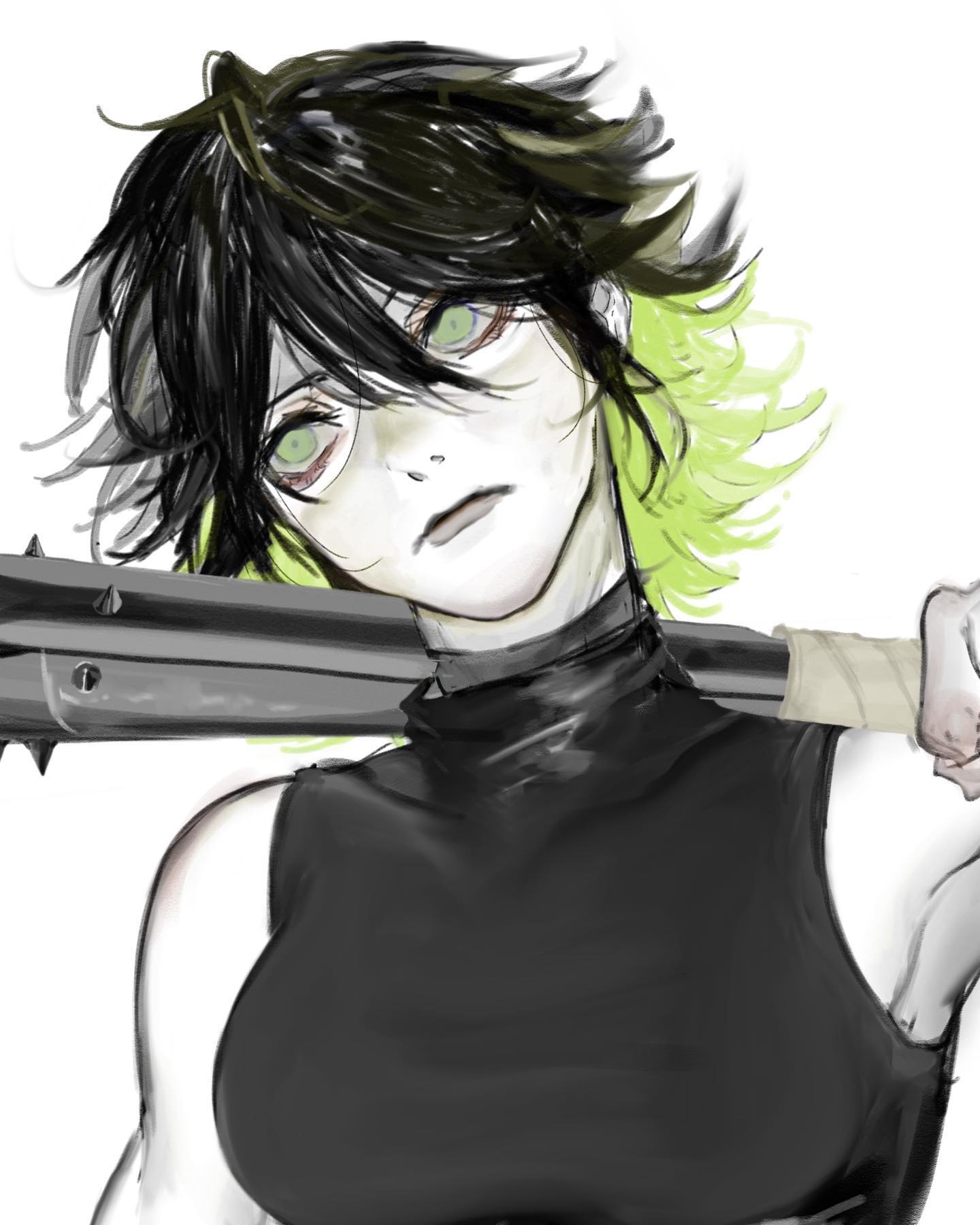 the image is a digital drawing or painting of a stylized female anime or manga character. she has short, dark hair with streaks of bright green, pale skin, and striking green eyes.  her expression is serious and somewhat menacing.  she is wearing a black sleeveless turtleneck top and is holding a spiked baseball bat across her shoulders. the art style is somewhat rough and sketchy, giving it a raw and edgy feel. the overall mood is dark and intense.