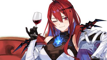 the image features a redhaired female anime character with striking red eyes. she sits confidently with a slight smirk while elegantly holding a wine glass. her attire is a captivating blend of white and blue armor, accented by a flowing black and white cape, radiating an aura of power and confidence.  the background is a simple white, drawing all attention to the captivating character.