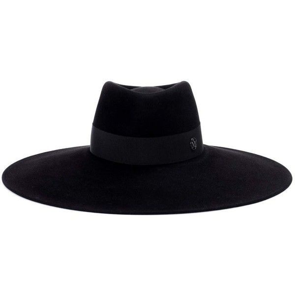a wide brimmed black felt fedora hat with a black band and a small, round black button detail. the hat is angled slightly to the right, as if being worn.