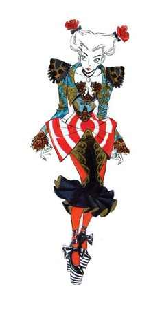 an illustration of a woman in a fashionforward outfit. she is wearing a dress with red, white, and blue stripes and a black and white hat. her shoes are also black and white. the illustration is in a vintage style and is very detailed.