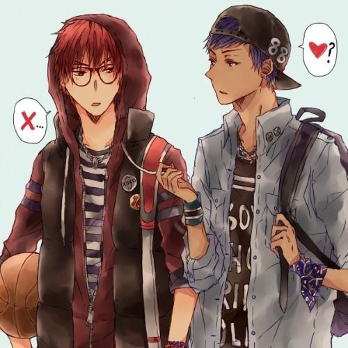 the image is anime fanart depicting two male characters, likely from the kuroko no basuke series.  one character (akashi seijuro)  is wearing a light blue denim jacket over a graphic tshirt, a baseball cap, and a backpack. he's holding onto a part of the other's bag. the other character (kuroko tetsuya) wears a red hooded jacket and a striped shirt, holding a basketball.  they appear to be walking together, and there's a subtle romantic suggestion between them.  a small speech bubble with a heart implies romantic interest. a small "x" speech bubble suggests a possible conflict or denial. the art style is soft and slightly sketchy.