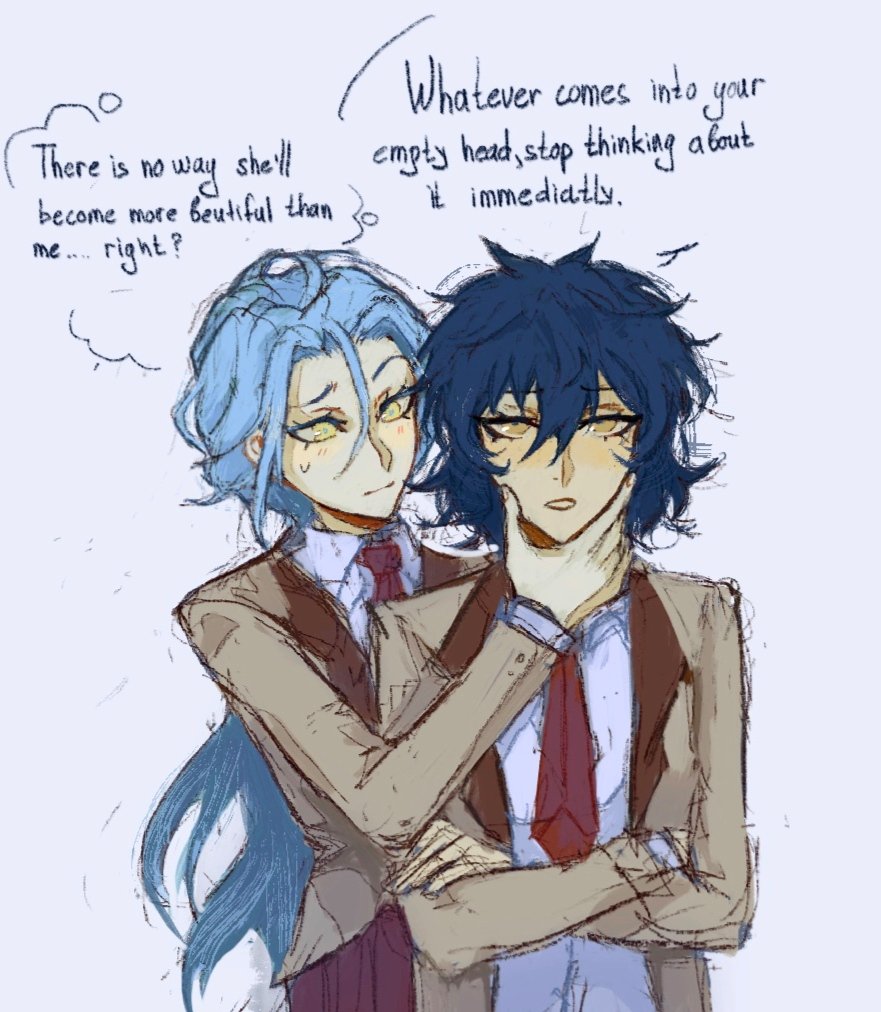 he image is a digital drawing or fanart depicting two animestyle girls in school uniforms. one girl with long, light blue hair is hugging the other girl, who has dark blue hair.  the girl with light blue hair has a thought bubble expressing her insecurity about the other girl's beauty. a separate thought bubble above them advises to stop thinking about whatever comes into one's head immediately. the art style is soft and somewhat sketchy, using pastel colours.  the overall mood suggests a romantic or potentially jealous relationship dynamic.