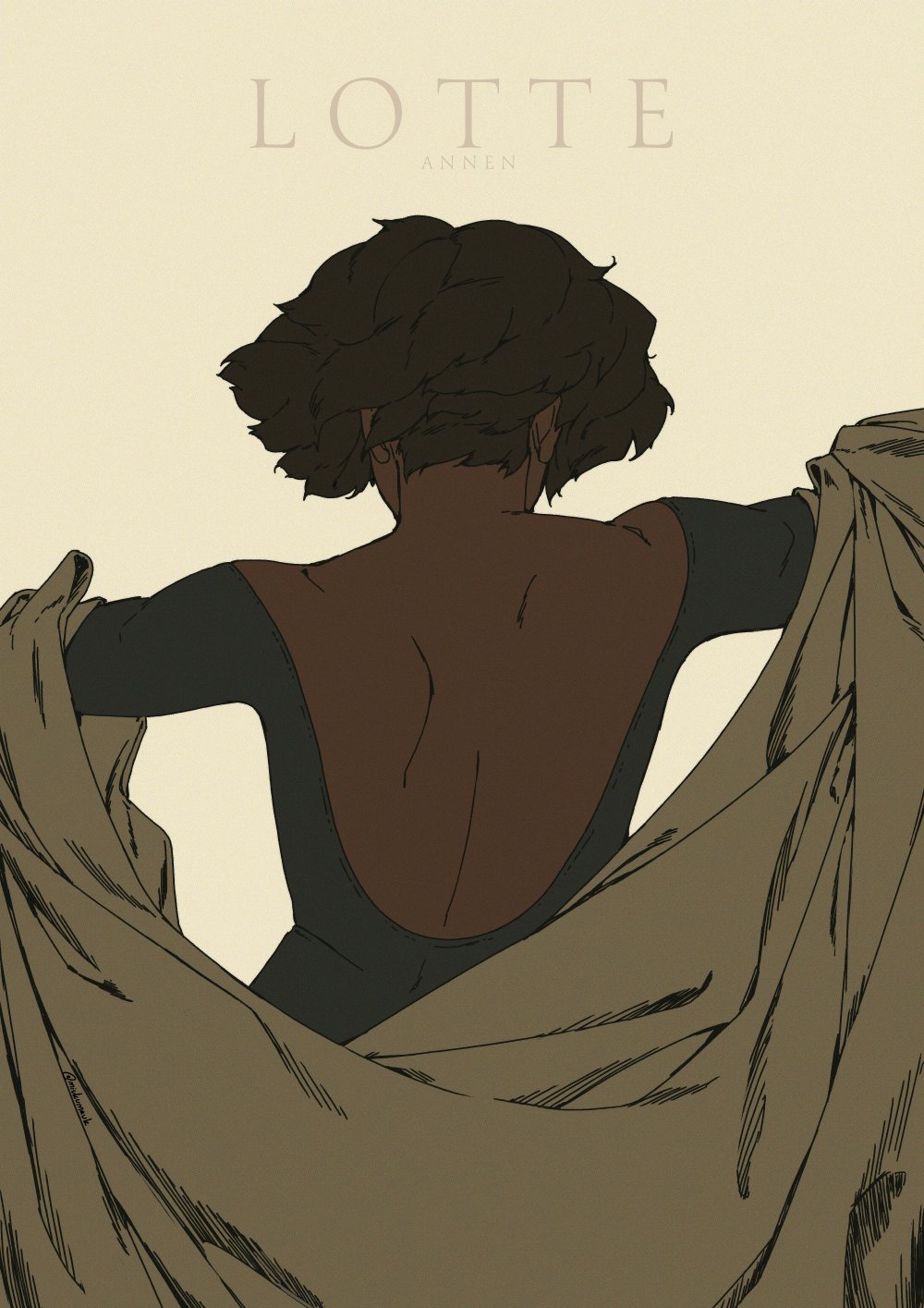 an illustration of a woman with brown hair and a black dress, standing with her back to the viewer, her hair covering her face and a brown cloak covering her body. the background is a light brown and the illustration is done in a simple style.